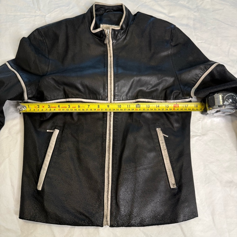 Y2K Black Leather Moto Jacket Cream Contrast Trim 2000s Fitted Biker M LaRue Ca - Picture 11 of 13